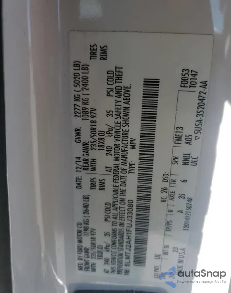 2015 Lincoln Mkc из США, поврежденный, VIN 5LMTJ2AH1FUJ33080